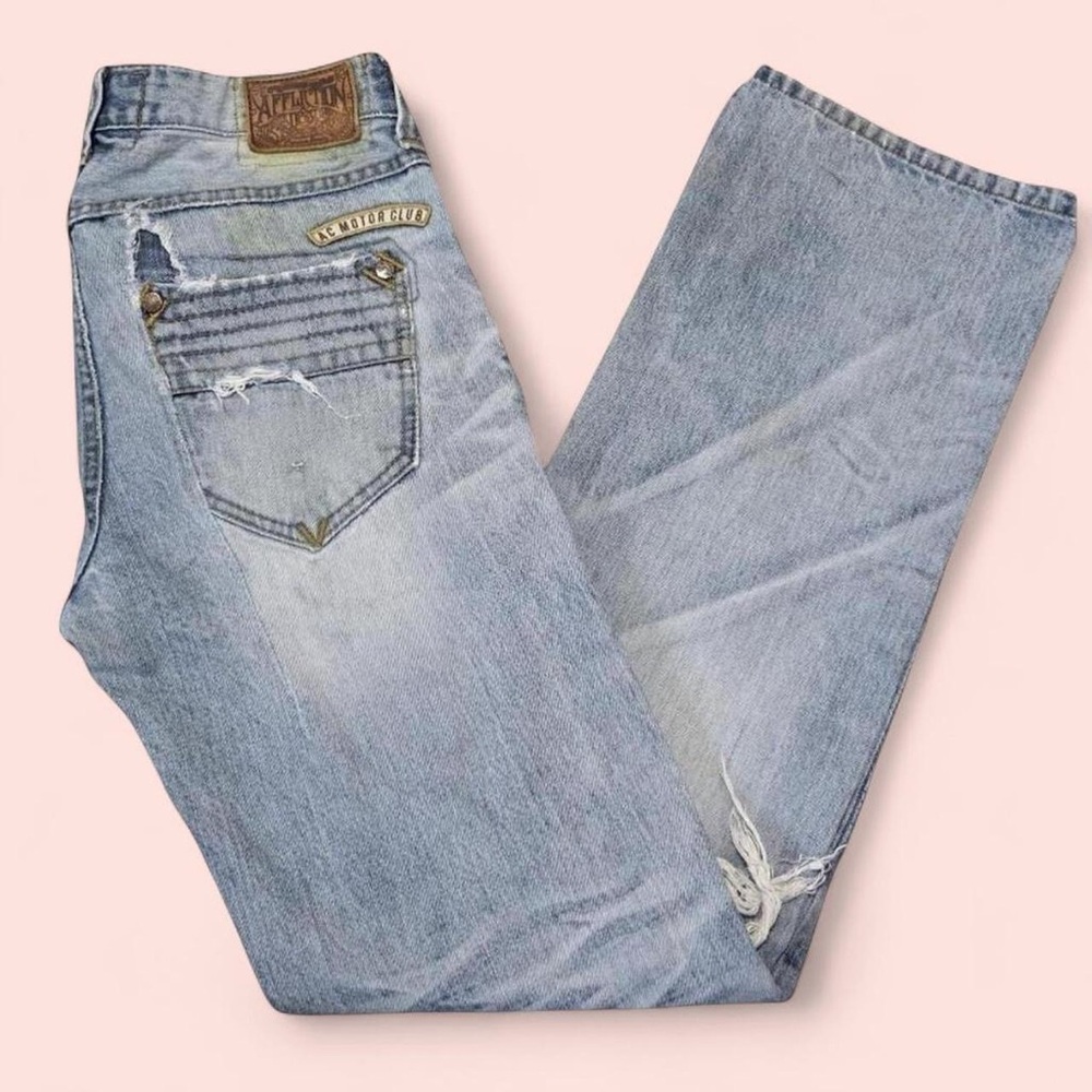 Y2K Men's Affliction Patch Destroyed Blake Distressed Jeans Light Wash 31